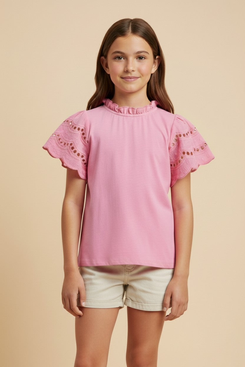 Pink Scalloped Eyelet Lace Top