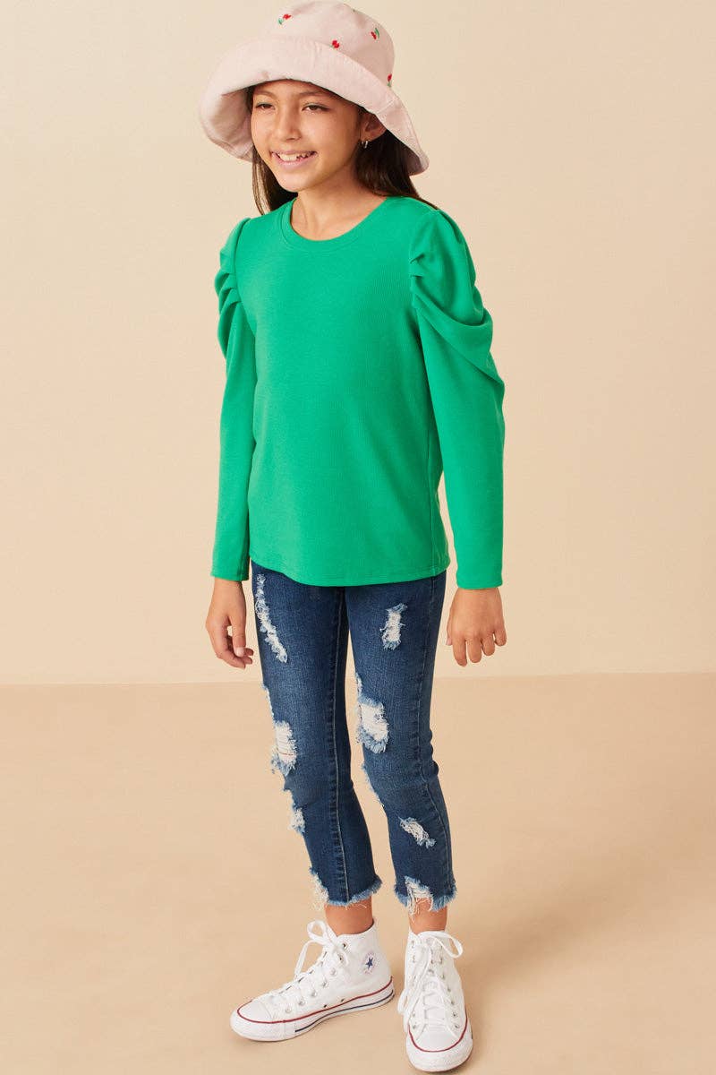Girls Pleated Puff Shoulder Knit Top