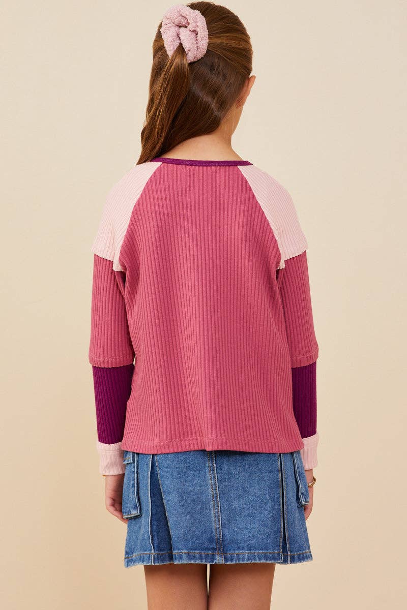 Girls Color Block Ribbed Knit Long Sleeve Top