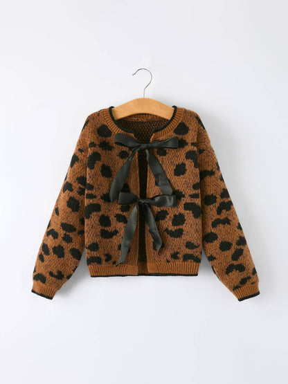 Leopard Sweater Cardigan with Black Ribbon Bows