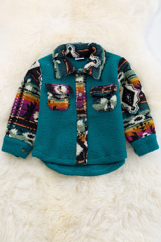 Teal Sherpa with Aztec Sleeve