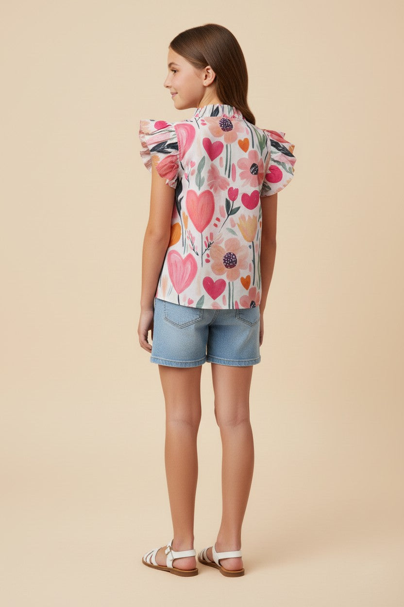 Hearts And Tulip Print Ruffle Top