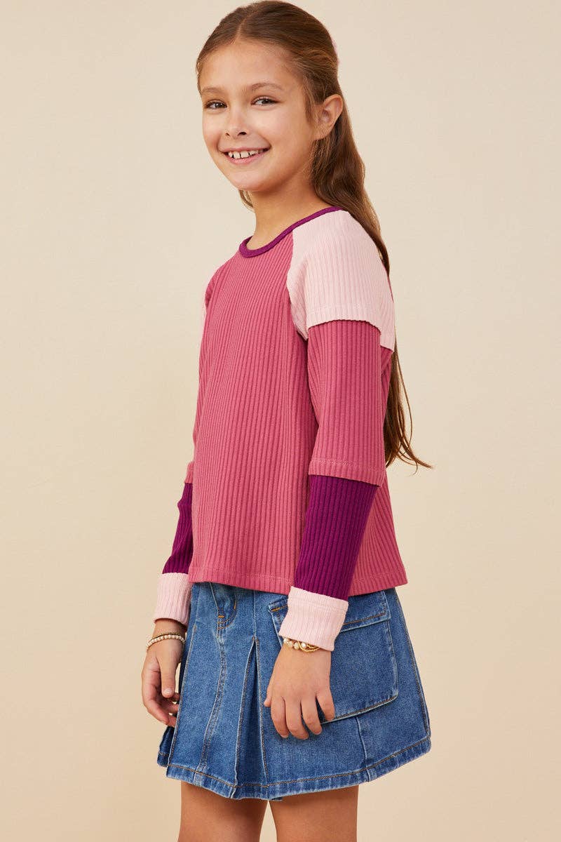 Girls Color Block Ribbed Knit Long Sleeve Top