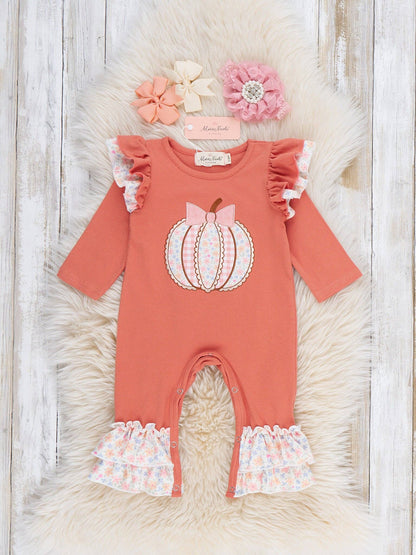 Pumpkin Bow Embroidered Ruffle Romper