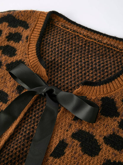 Leopard Sweater Cardigan with Black Ribbon Bows