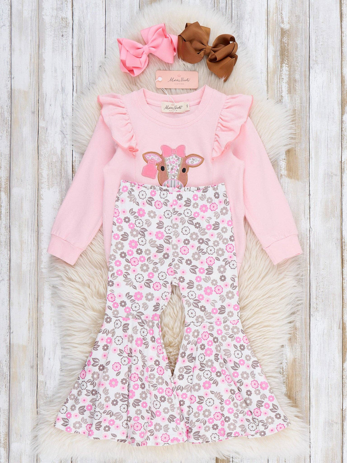 Floral Cow Ruffle Bell Bottom Outfit