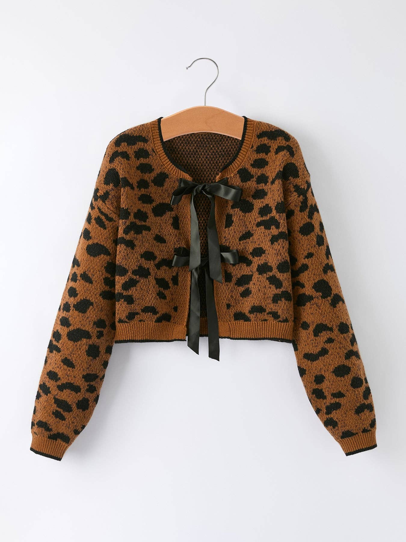 Leopard Sweater Cardigan with Black Ribbon Bows