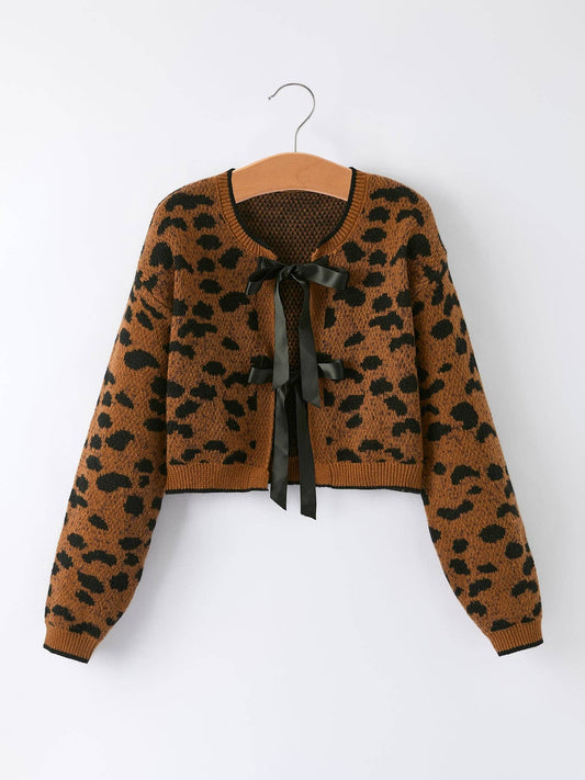 Leopard Sweater Cardigan with Black Ribbon Bows