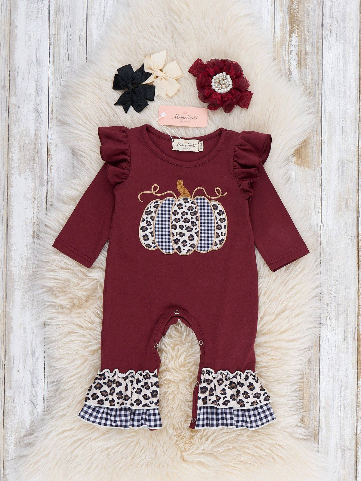 Leopard Dot Pumpkin Embroidered Ruffle Romper