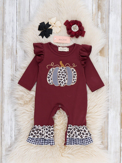 Leopard Dot Pumpkin Embroidered Ruffle Romper