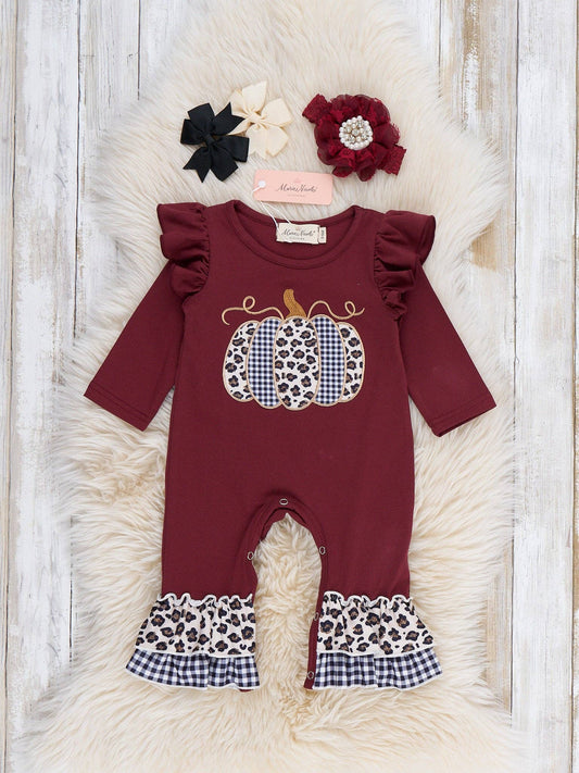 Leopard Dot Pumpkin Embroidered Ruffle Romper