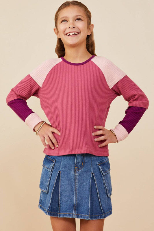 Girls Color Block Ribbed Knit Long Sleeve Top
