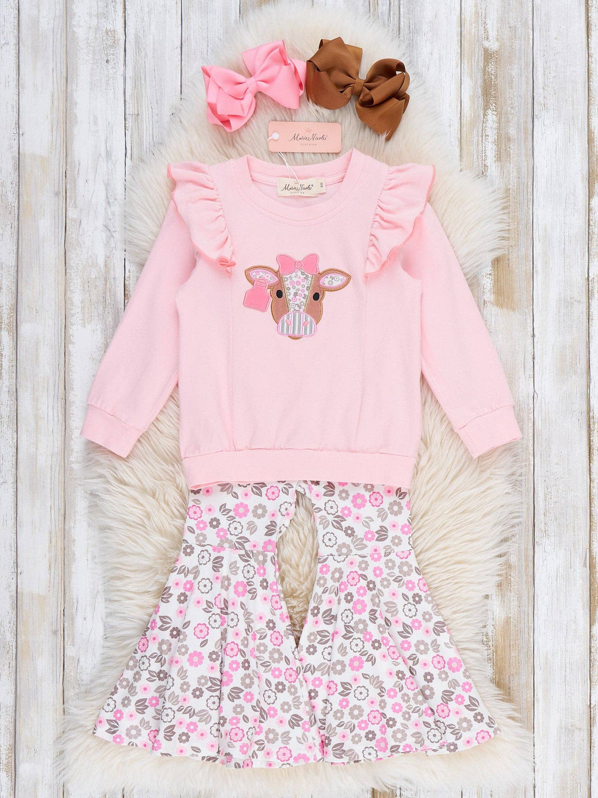 Floral Cow Ruffle Bell Bottom Outfit