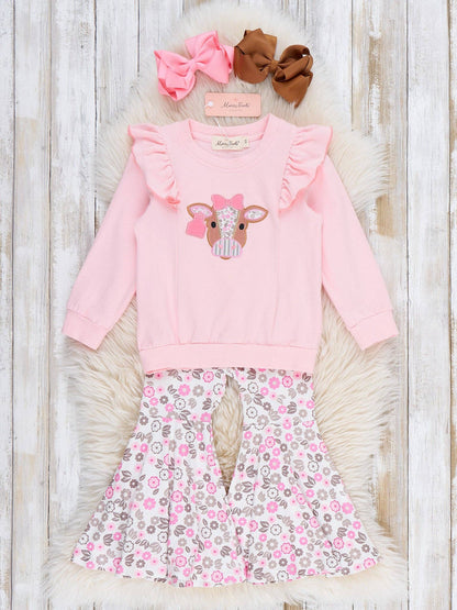 Floral Cow Ruffle Bell Bottom Outfit